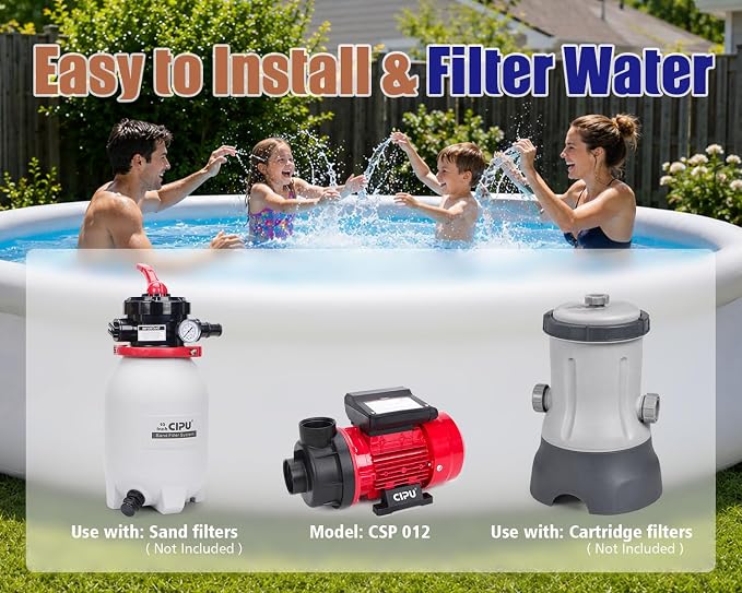 CIPU 1/4 HP Above Ground Pool Pump, 2220 GPH Pool Filter Pump Replacement with Hose Adapters, 115V Self-Priming Swimming Pool Pump for Sand Filter Systems and Frame Pools