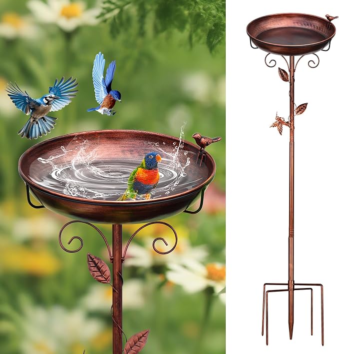 Bird Bath for Outside 38.5 Inch Bronze Freestanding Garden Birdbath | Metal bird bath with floral scroll 5-Pronged Base Deep large bowl for birds drinking & bathing Yard patio landscape decor