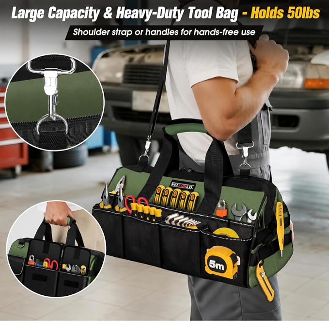 18-Inch Heavy Duty Tool Bag, 19-Pockets Tool Box Organizer, Portable Toolbag W/Soft Handle for Organized Storage, Mechanic Gifts for Men Dad Husband Fathers Day, Wide Mouth Electrician Toolbox, Green