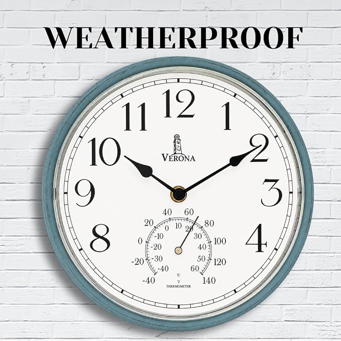 Outdoor Clocks for Patio Waterproof with Thermometer — Teal 9.5 Inch Indoor Outdoor Wall Clock with Temperature Display — Weatherproof, Accurate & Easy to Read for Pool, Garden & Home Decor