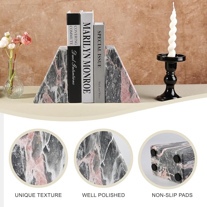 Koville Marble Bookends for Shelves, Large Bookends for Heavy Books, Natural Stone Book Stopper for Books CD Movies, Aesthetic Decorative Book Ends (Grey&Pink)