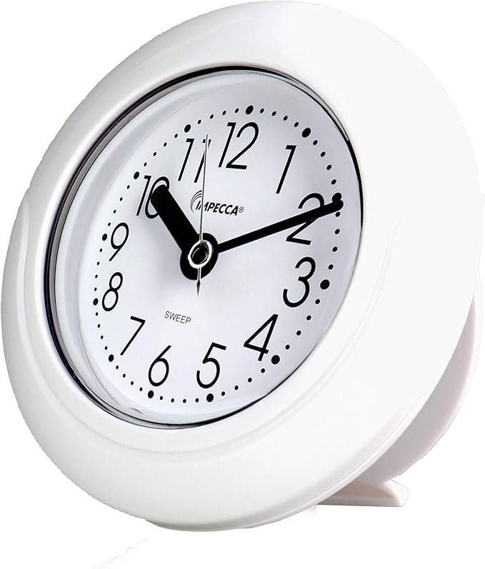 Impecca Waterproof Clock 5.5“ Non-Ticking Quartz Movement Indoor & Outdoor Clock for Shower, Wall, Desk, Pool, Patio, Kitchen, Bathroom, Washroom (Hanging Rope Included) White
