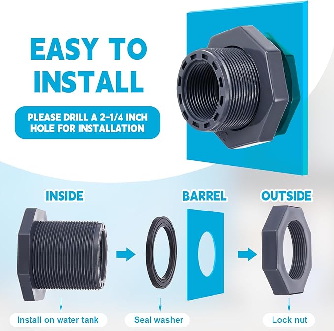 2 Pcs 1-1/4 Inch Bulkhead Fitting PVC Water Tank Connector Plumbing Pipe Threaded Bulkhead Fitting NPT for Rain Barrels, Water Tanks, Aquariums, Tubs, Pools