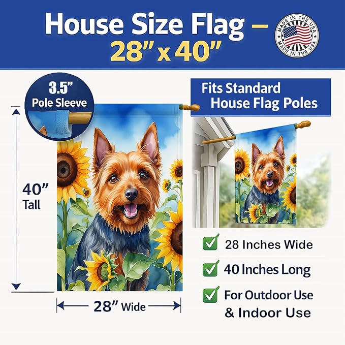 Caroline's Treasures DAC6015CHF Australian Terrier in Sunflowers House Flag Large Porch Sleeve Pole Decorative Outside Yard Banner Artwork Wall Hanging, Polyester, House Size, Multicolor