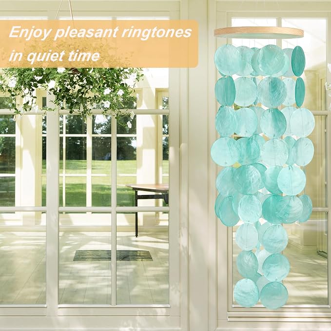 Wind Chimes for Outside - Handcrafted Turquoise Capiz Shells Windchime Coastal Style Decor for Indoor/Outdoors, Garden Decor, Great for Women, Wind Chimes Lovers and More