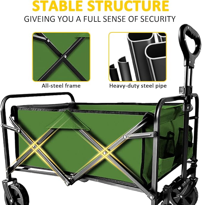 Collapsible Wagon with Quiet Wheels - Silent Grocery Shopping Cart for Seniors, Foldable Utility Cart for Laundry & Apartment, Washable Heavy Duty Rolling Wagon with Two Mesh Pockets, Green