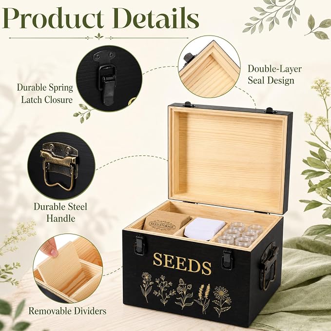 Amyhill Bamboo Wood Seed Storage Organizer Box with 30 Slot & Envelopes & Labels, 40 Stickers and Pen, Seed Saving Box with Lid Safety Locks, 4 Compartments, for Flower Plants, Gardener Gift