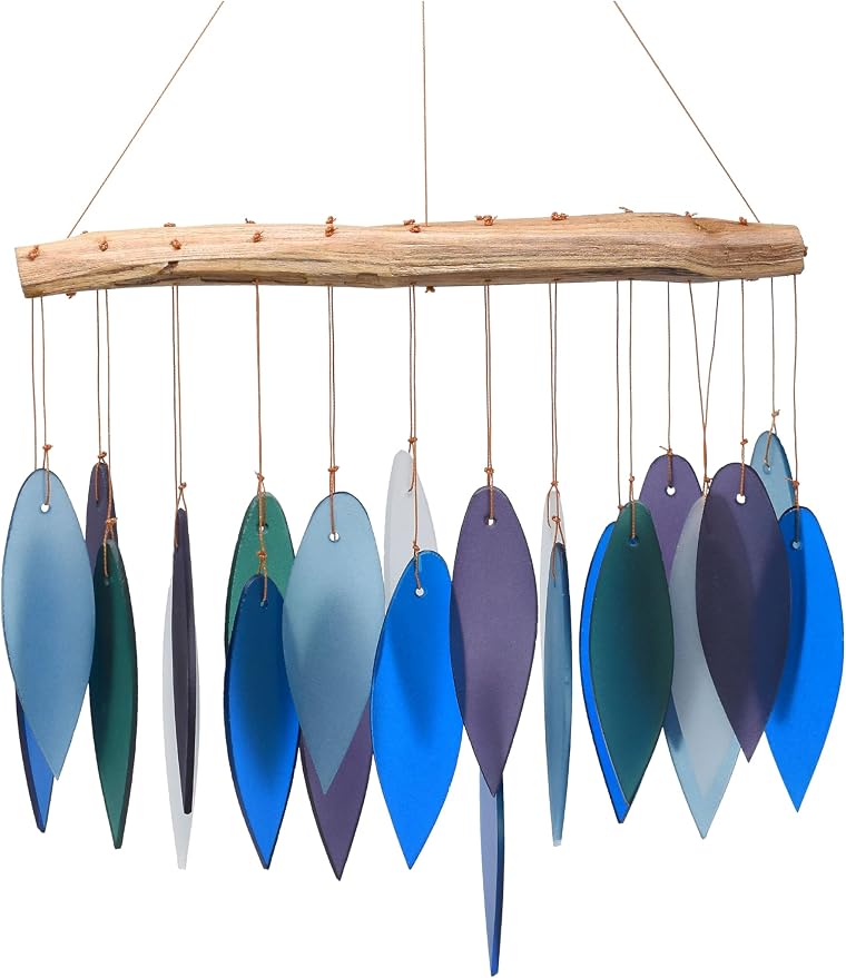 Blue Handworks Pacific Coast Glass Leaves Wind Chime | Sandblasted Glass and Found Wood Handcrafted Wind Chime