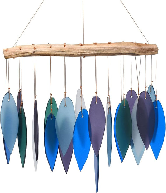 Blue Handworks Pacific Coast Glass Leaves Wind Chime | Sandblasted Glass and Found Wood Handcrafted Wind Chime