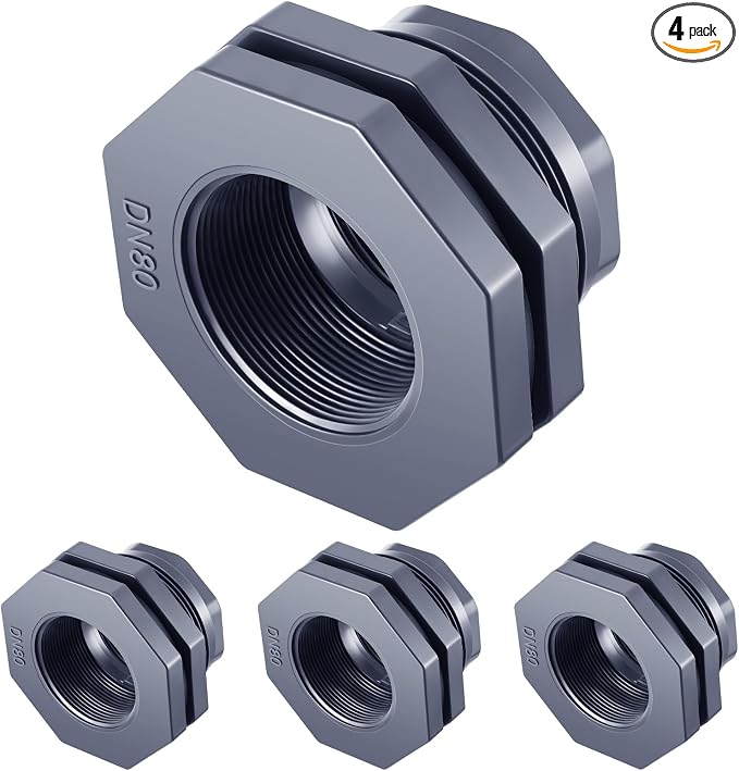 4 Pcs 3 Inch Bulkhead Fitting PVC Water Tank Connector Plumbing Pipe Threaded Bulkhead Fitting NPT for Rain Barrels, Water Tanks, Aquariums, Tubs, Pools