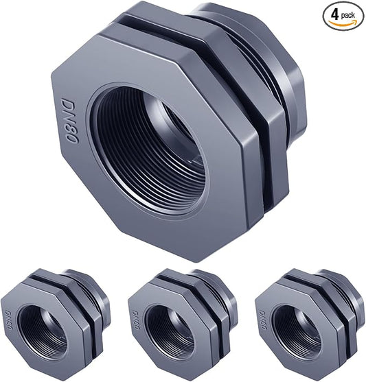 4 Pcs 3 Inch Bulkhead Fitting PVC Water Tank Connector Plumbing Pipe Threaded Bulkhead Fitting NPT for Rain Barrels, Water Tanks, Aquariums, Tubs, Pools