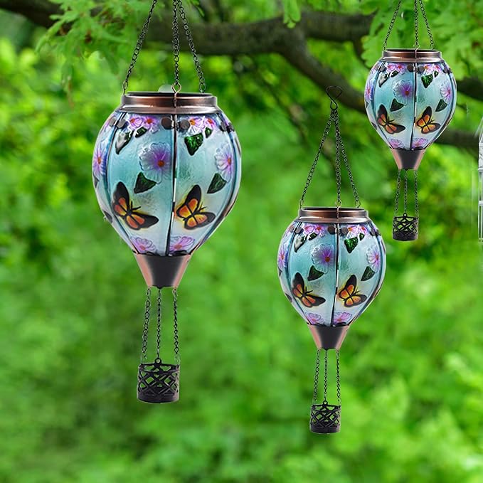 Hot Air Balloon Solar Lantern with Flickering Flame, Glass Hanging Garden Lights Outdoor Waterproof for Tree Yard Patio Mother's Day Gift, 18" H Butterfly