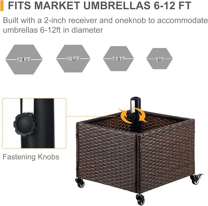 SUNNYPARK Umbrella Base with Wheels and Fillable Planter 2 in 1 | 120lbs Capacity, Heavy Duty, Hand Woven Rattan Style, Portable Decorative Umbrella Stand for Garden Backyard Deck Poolside