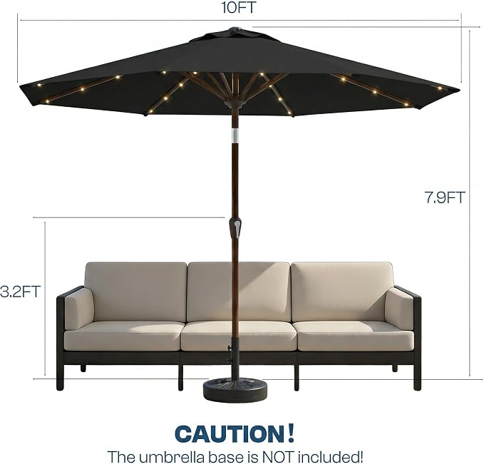 10FT Solar Patio Umbrella with Lights, Outdoor Table Market Umbrella with 32 LED Lights, 8 Sturdy Ribs, Push Button Tilt and Crank for Pool, Deck and Garden, UV-Resistant