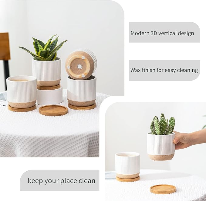 4" White Ceramic Plant Pots with Drainage Holes & Trays Set of 4 | Modern Small Minimalist Flower Planter Pot with Saucers for Indoor Plants, Succulent, Snake Plants, Cactus & Herbs