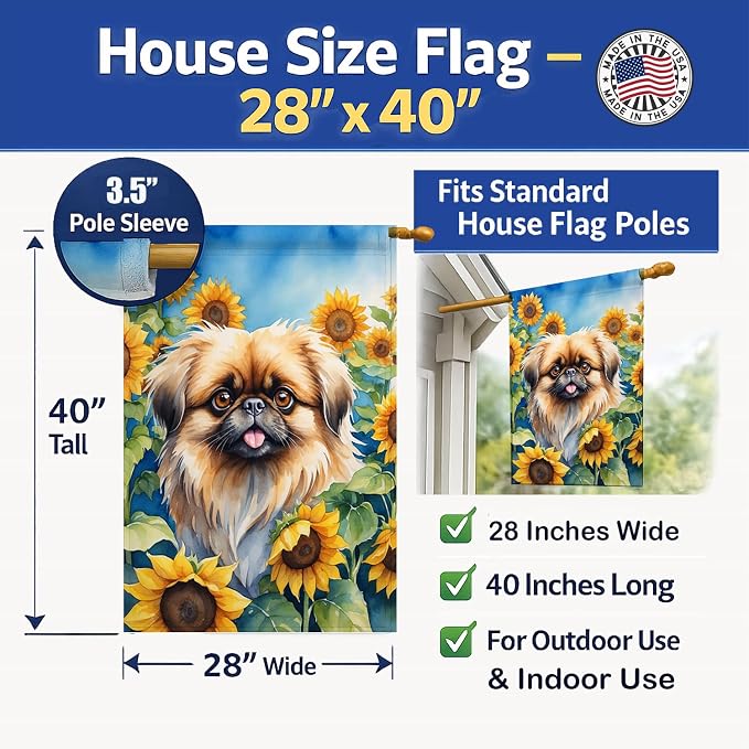 Caroline's Treasures DAC6132CHF Pekingese in Sunflowers House Flag Large Porch Sleeve Pole Decorative Outside Yard Banner Artwork Wall Hanging, Polyester, House Size, Multicolor