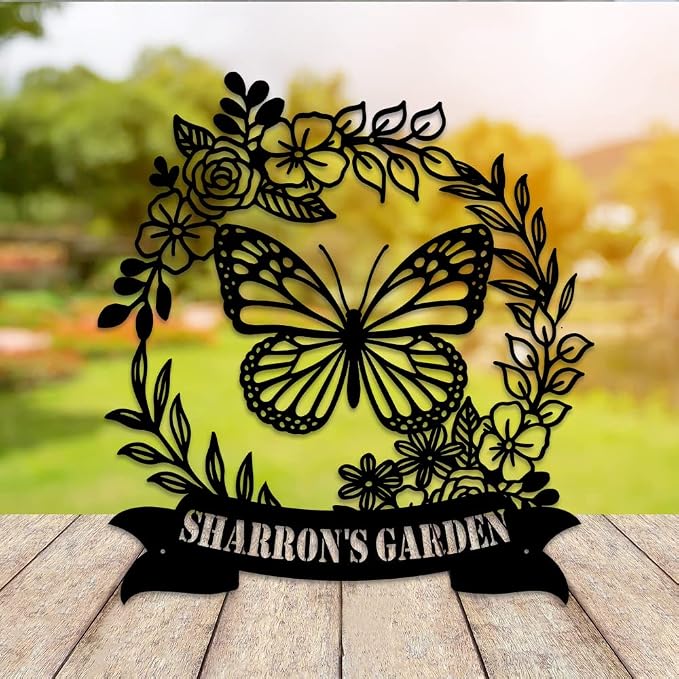 MeMate Flowers Garden Signs, Floral Garden Sign to Personalize, Personalized Metal Signs, Customized Name Wall Art for Garden Outdoor Decor, Large Outdoor Plaque Sign for She Shed, Potting Shed