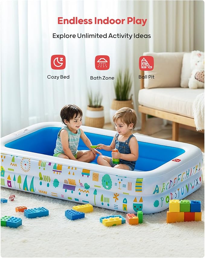 QPAU Kiddie Pool, Alphabet and Number Design, 65 x 39 in, Blue | Inflatable Design with Soft Floor, Converts to a Ball Pit for Kids and Toddlers, for Indoor and Backyard Play