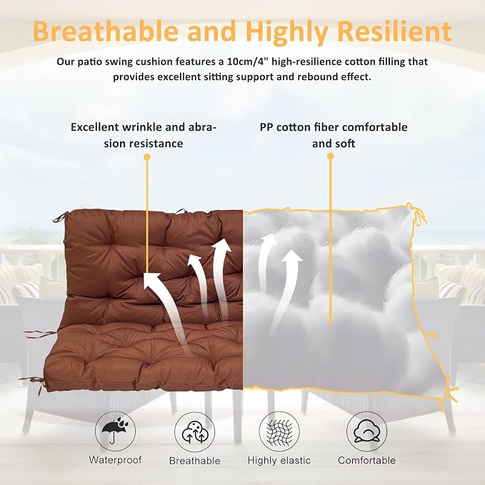 Swing Replacement Cushions for Outdoor: 2-3 Seater Waterproof Porch Bench Cushion with Backrest and Ties - 4" Thick Swing Cushion for Garden Patio Backyard Loveseat