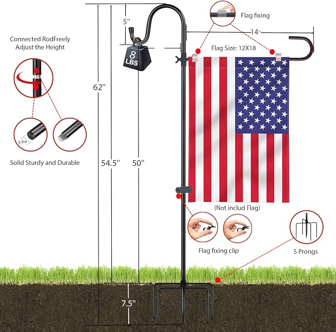 Garden Flagpole Stand with Shepherd'S Hook, for Garden Flag Stand 12x18 Flag | 1/2 Inch Thick 62 Inch High, Perfect for Garden Flag Holders for Outside (Solar Lights & Flags Not included)