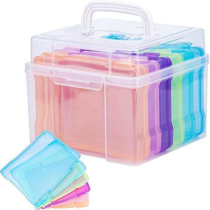 5×7 Photo Storage Box With Handle,Plastic photo keeper With 6 inner 5×7inch photo cases,Card Organzier Craft Storage box for pictures,stamps,seeds (Colorful With Handle)