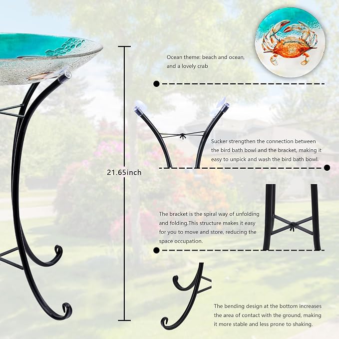 MUMTOP Bird Baths for Outdoors, Crab Glass Large Bird Bath Bowl with Metal Stand, Bird Feeders for Outside and Garden, Patio,Lawn Decor