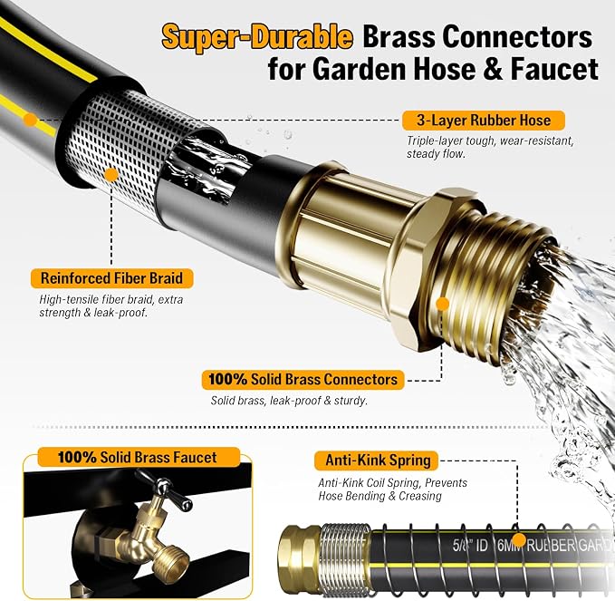 Garden Hose Holder with 45ft Water Hose, Brass Faucet | 5ft Hose Leader, Metal Heavy Duty Freestanding Garden Hose Hanger Storage Stand, Hose Storage for Outside Yard Lawn Farm