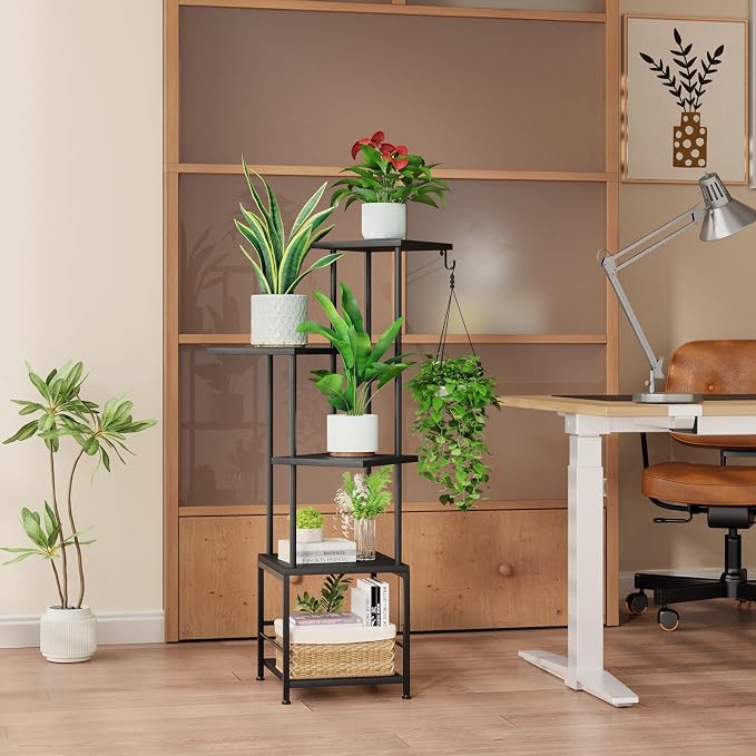Homsorout Plant Stand Indoor with Grow Light - 5-Tier Metal Plant Shelf with Hanging Basket Hook, Corner Tall Flower Holder for Multiple Plants, Living Room Balcony Garden Patio, Black