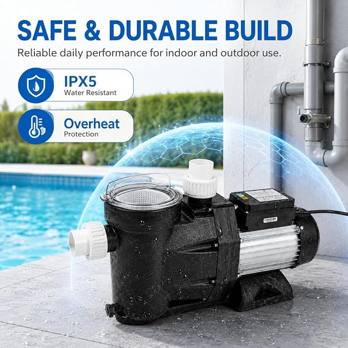 1.5 HP Pool Pump 110V/120V Above/In Ground Pool Pump | Self Priming, 105.7GPM, 2-24H Timer, 52.49ft Hmax, 422.68qt/min, Max. 122℉, Overheating Protection for Pools