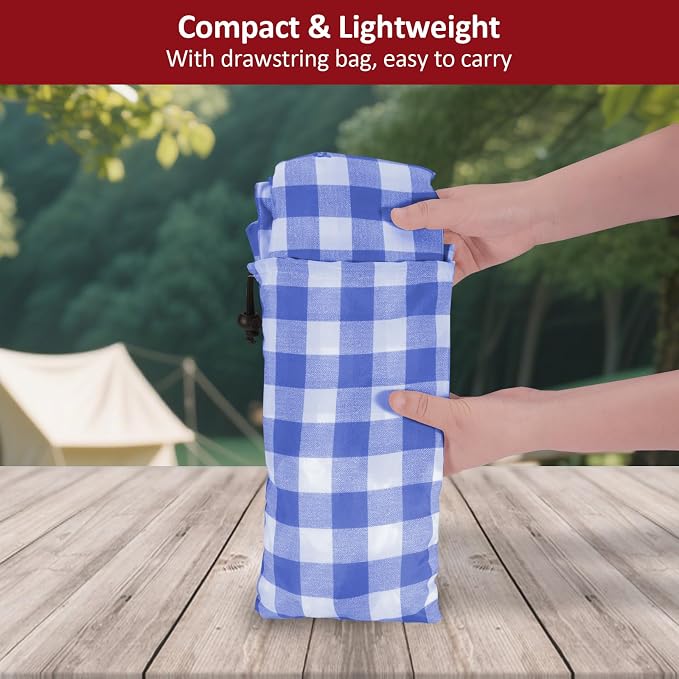 8ft Picnic Table and Bench Cover, Camping Essentials RV Gear, 96 in Waterproof Windproof Outdoor Elastic All Around Tablecloth, Fitted Rectangle Tables and Seats, Blue-White Checkered