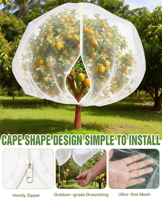 JoyHalo Large Fruit Tree Netting with Zipper & Drawstring, 10 × 10FT Pest Barrier Netting for Garden, 60-Mesh PE Tree Covers for Bush, Blueberry, Vegetables & Plant Protection (2 Packs)