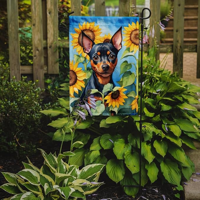 Caroline's Treasures DAC6121GF Miniature Pinscher in Sunflowers Garden Flag Mailbox Flag Decorative Yard Flag Banner Outside Patio Artwork Yard Flower Beds, Garden Size, Multicolor