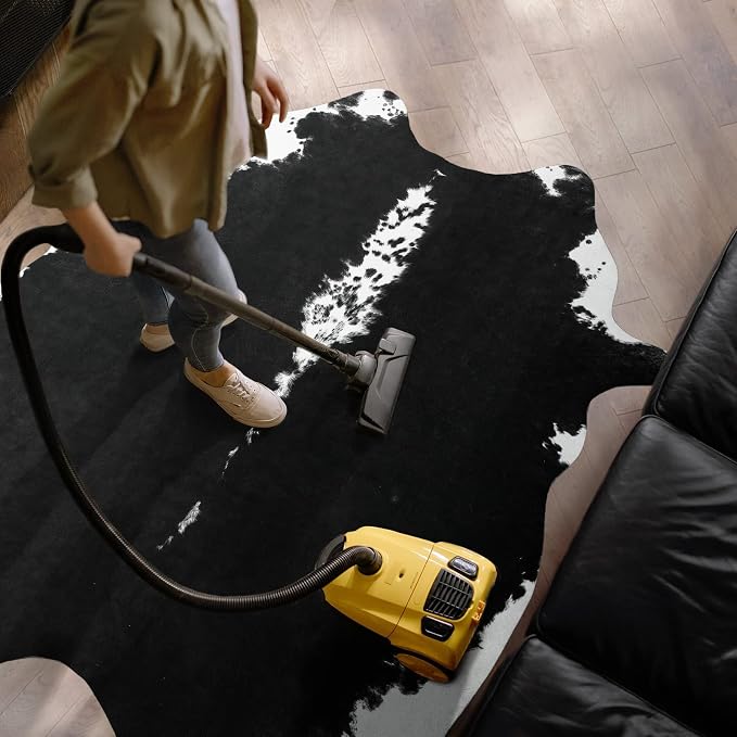 AROGAN Premium Faux Cowhide Rug 158 x 140 cm/5.2 x 4.6 feet, Durable and Large Size Cow Print Rugs, Suitable for Bedroom Living Room Western Decor, Faux Fur Animal Cow Hide Carpet, Black | Premium Cow Hide Carpet, Western Rug for Bedroom Living Room De...