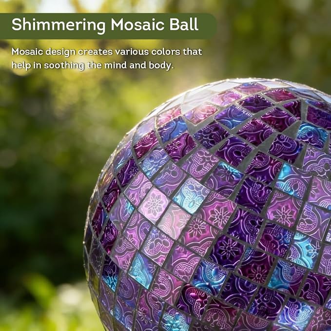Lily's Home Colorful Mosaic Glass Gazing Ball, Designed with a Stunning Holographic Petal Mosaic Pattern to Bring Color and Reflection to Any Home and Garden, Purple Mirrors (10" Diameter)