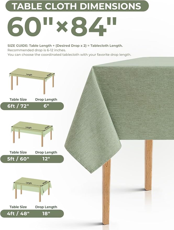 Decorelia Faux Linen Sage Green Table Cloths for 4 Ft Rectangle Tables-6 Pack, Washable Polyester Rustic Faux Linen Table Cloth Cover for Wedding,Outdoor,Events, Party,Banquet, Dining, 60x84 Inch