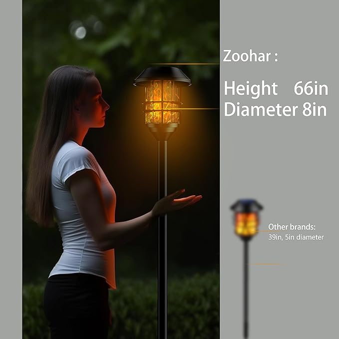ZOOHAR Solar Outdoor Lights, Waterproof Pathway Torches, LED Metal Landscape Path Lights for Garden Patio Balcony & Pool (Pack of 4)