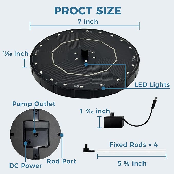 Solar Fountain for Bird Bath with Colorful LED Lights, Floating Solar Fountain, 3W Solar Powered Water Fountain Pump with Strong Spray & 5 Nozzles for Garden, Pond, Pool, 26 LED Lights