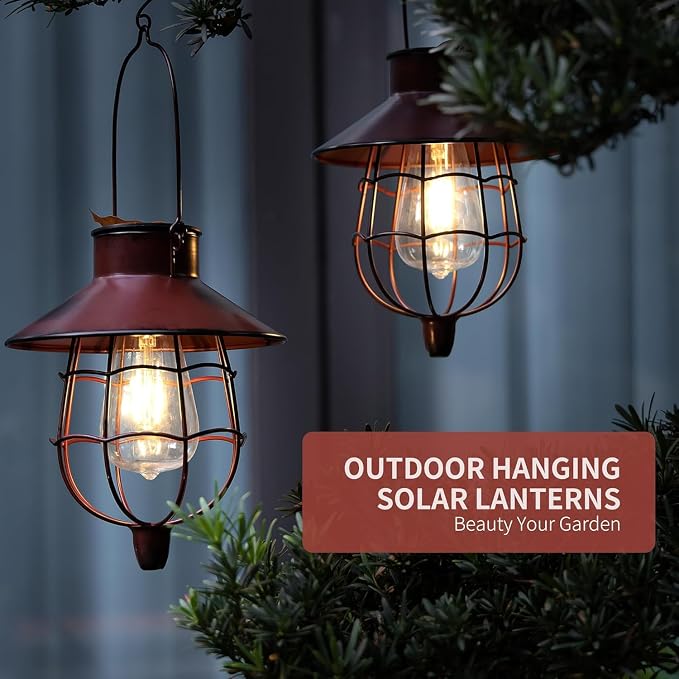 4 Pack Solar Lantern Outdoor Waterproof, Metal Solar Hanging Lamp with Warm White Bulb,Solar Lights Outdoor Design for Garden Yard Patio Proch Decor