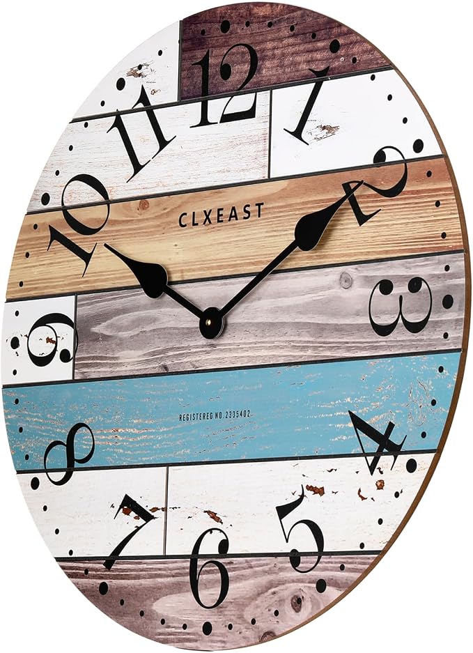 CLXEAST 24 Inch Multicolor Woodgrain Shiplap Wall Clocks for Living Room Decor, Large Farmhouse Wall Clock,Coastal Beach Nautical Style