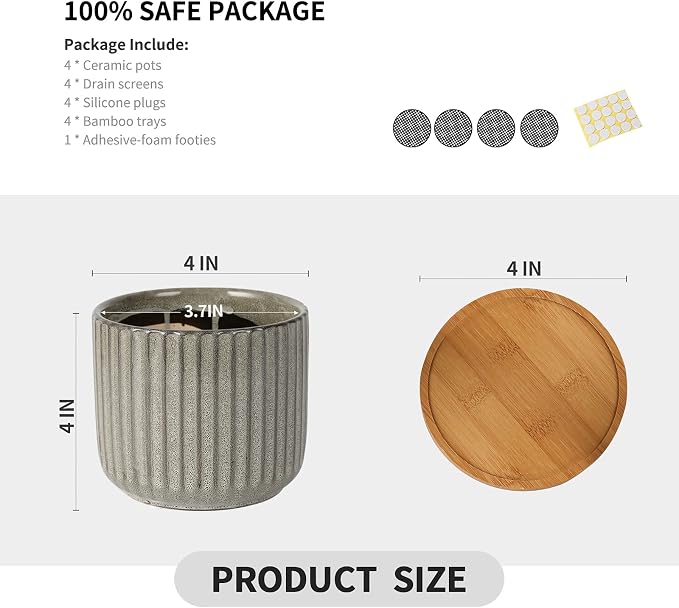 4 Inch Ceramic Plant Pot with Saucer, Creative Stripe Grey-Green Small Planters Pots with Drainage Hole and Mesh Pads for Succulent, Cactus, Herbs - Set of 4 | Stripe Grey-green, Small Planters Pot, for Succulent, Cactus, Herbs, Set of 4