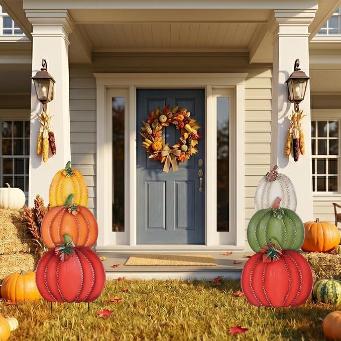 PHITRIC Fall Decorations Outdoor, 34" 2PCS Decorative Garden Stakes with 6 Pumpkins for Fall Decor, Metal Yard Signs for Home Outside Garden Yard Lawn Patio, Thanksgiving Decorations
