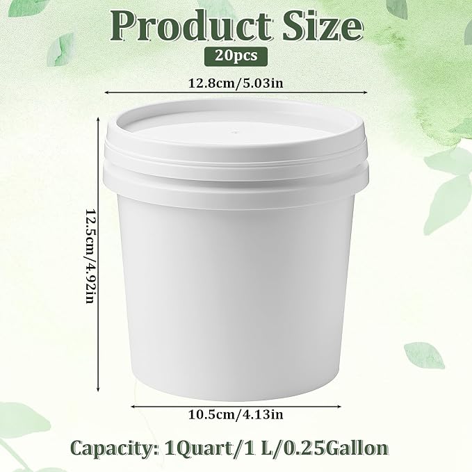 20 Pack 1/4 Gallon Plastic Bucket with Lid, 1 Quart Paint Cans with Lid Paint Containers White Plastic Painting Water Pail for Storage Container Home Household Cleaning