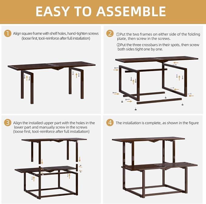 Plant Stand Indoor Outdoor, Foldable Metal Plant Shelf for Multiple Pots, Mid Century Slatted Bench for Patio Garden, Heavy Duty Capacity 330 lbs 2 Tier Coffee