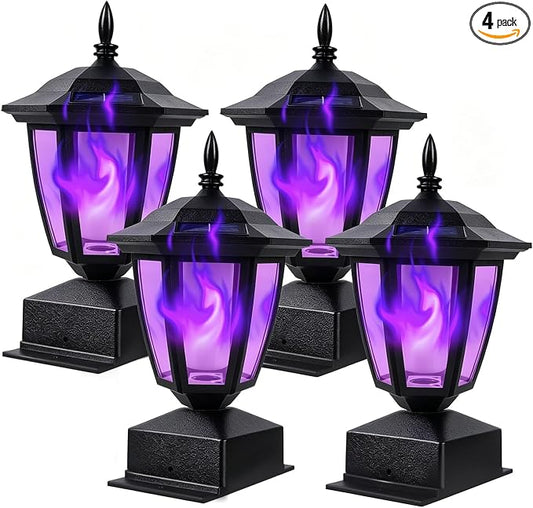 Dynaming Solar Flame Post Cap Lights Outdoor, Halloween Flickering Purple Flame Post Lights, Solar Powered LED Lantern Waterproof for Garden Deck Fence Patio, Fit 4x4, 5x5 or 6x6 Wooden Posts, 4 Pack