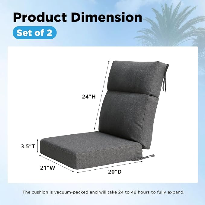 Outdoor Patio Chair Cushions 44x21x3.5 inch, Set of 2 Thicken Comfy Cushions for Rocker Non Slip Fade Shield Water Repellent High Back with Ties, Charcoal