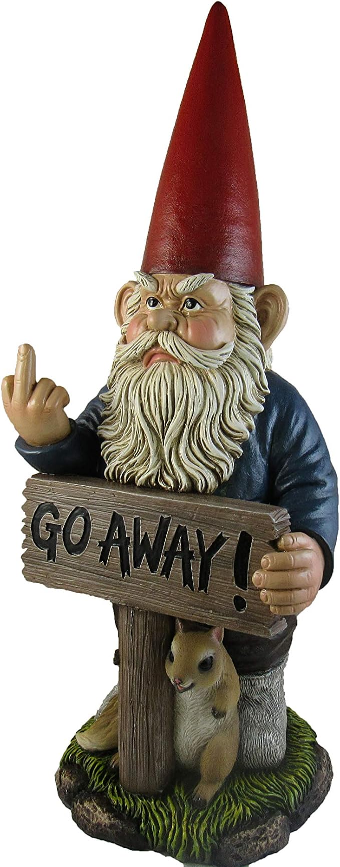 DWK Garden Gnome Statue, 17.5 Inch with Go Away Sign and One-Finger Salute | Take a Hike Un-Welcome Message, Hand-Painted Resin, Outdoor Porch or Garden Decor
