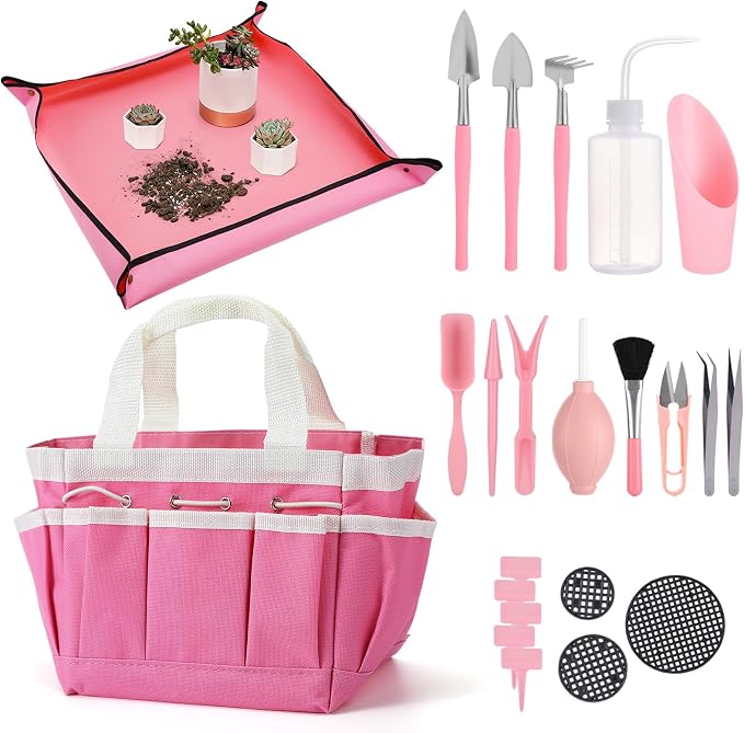 44pcs Small Gardening Tools Gifts for Women Beginners - Garden Hand Tools Set for Indoor Succulent Bonsai Plants Transplanting, Included Bag/Repotting Mat/Shovel/Labels, Pink