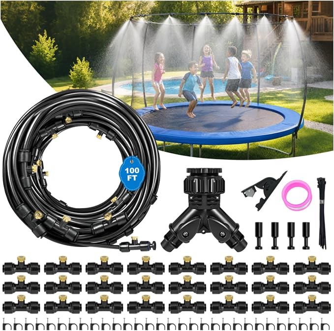 Thiswing 100 FT Dual-Line Misting Cooling System, Outdoor Water Mister Kit with 24 Brass Nozzles, Misting Hose for Patio, Backyard, Garden, Dog Play Area, Farm, Stable, Outdoor Summer Heat Relief