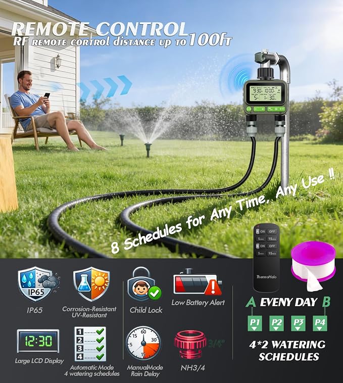 Smart Sprinkler Timer with Remote, 8-Zone Programmable Dual Outlet Watering timers, IP65 Waterproof Automatic/Manual Hose Timer with Child Lock for Lawn, Yard, Garden, and Pool (Twin)