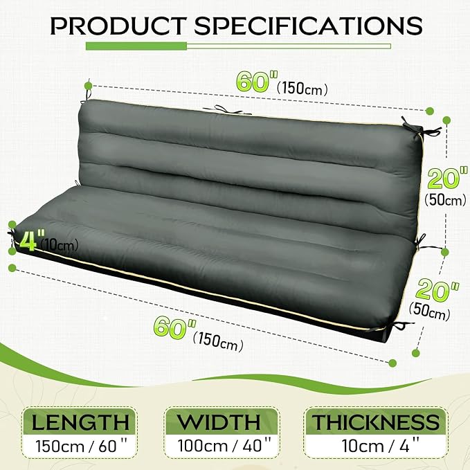 60×40 INCH Outdoor Swing Cushion with Backrest, Tie Straps & Memory Foam - Replacement for Porch Bench 2/3 Seater, Oxford Fabric (Gray, 60 INCH × 40 INCH)